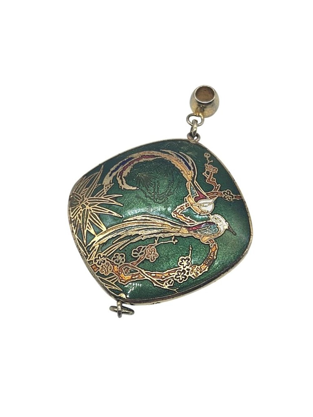 Vintage Cloisonne Green Enameled metal Pendant Birds Floral Design 1.5"  Puffy